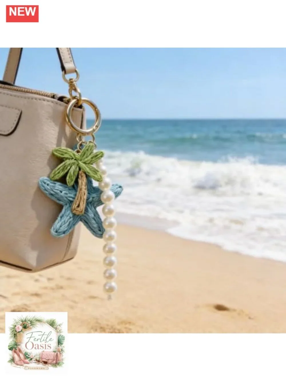 Rattan Starfish Coconut Tree Bag Charm Keychain for Tote Handbag Beach Summer